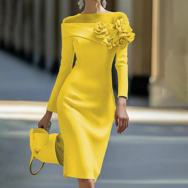 Elegant Round Neck Three Dimensional Flower Decorated Midi Dress