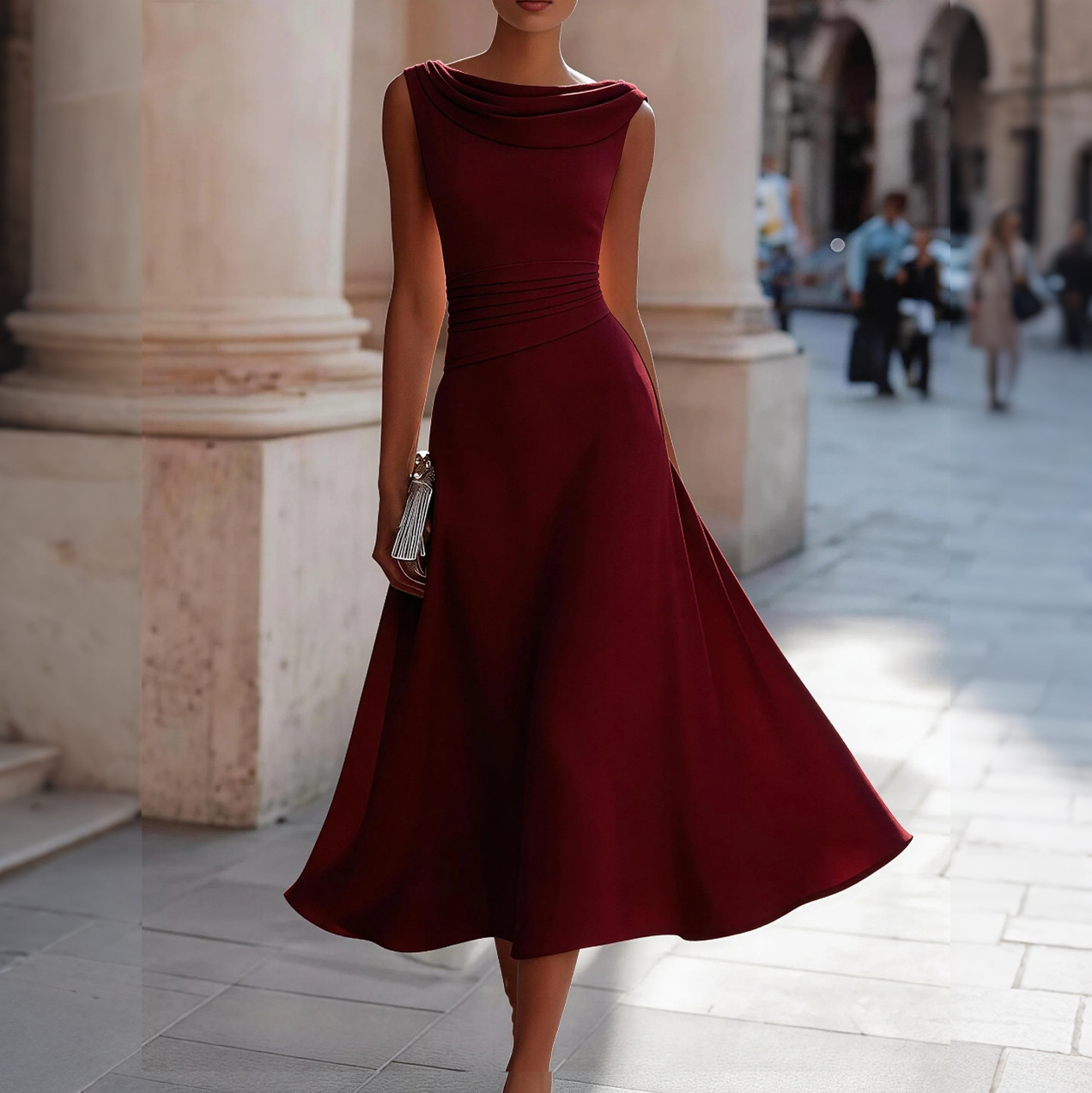 Elegant Stacked Neckline Waist Slimming Midi Dress