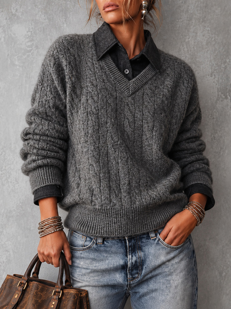 Elegance Solid-color Cashmere V-neck Pullover
