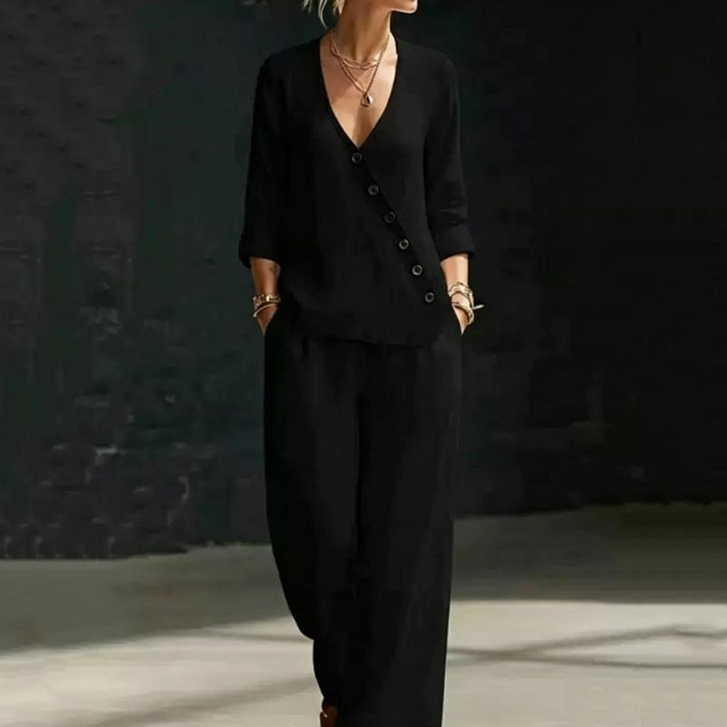 Minimalist Loose V-neck Slant-button Shirt And Wide-leg Pants Two-piece Set