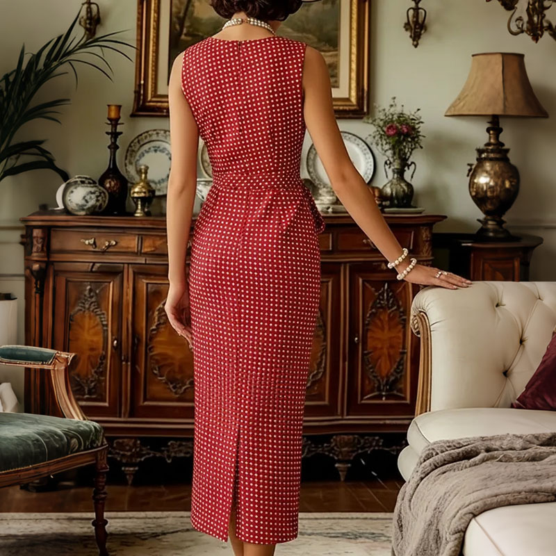 Elegant Polka Dot Fitted Sleeveless Midi Dress