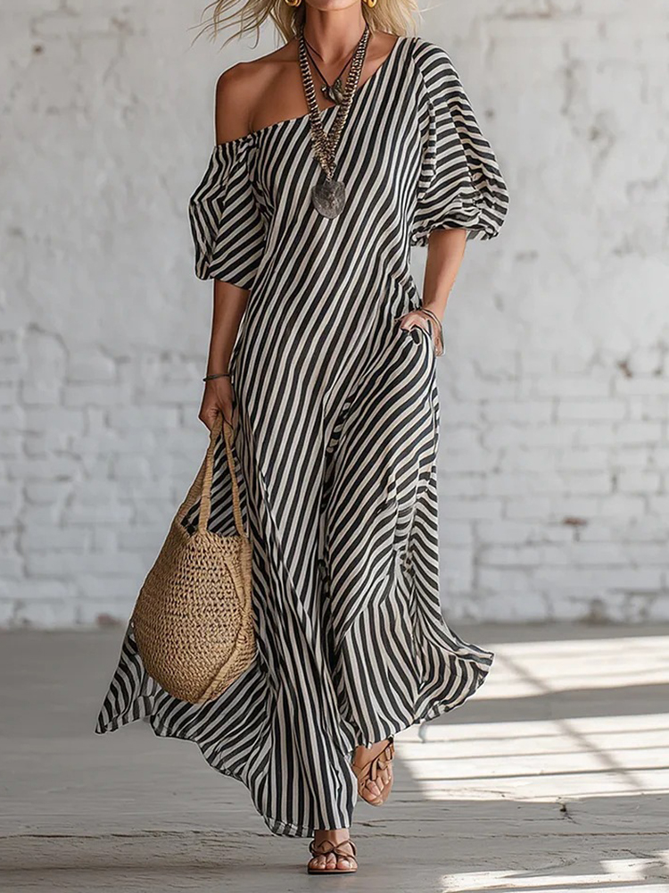 Women's Elegant Striped Off-shoulder Cotton Dress