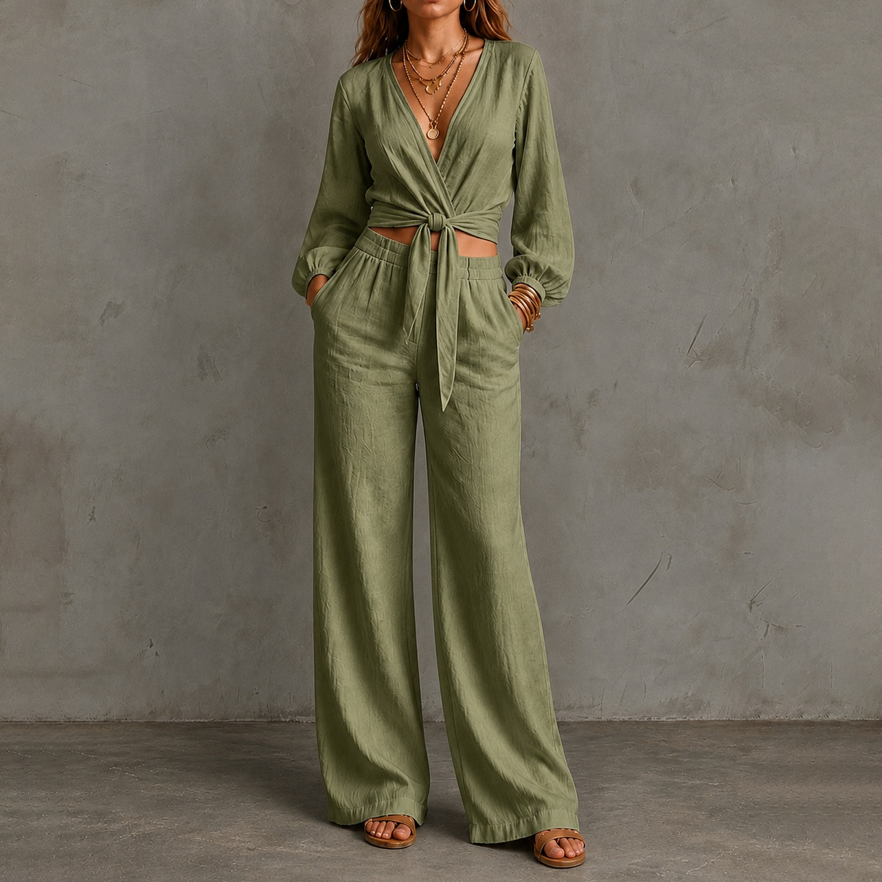 Fitted Waist Belted V-neck Top And Wide-leg Pants Two-piece Set