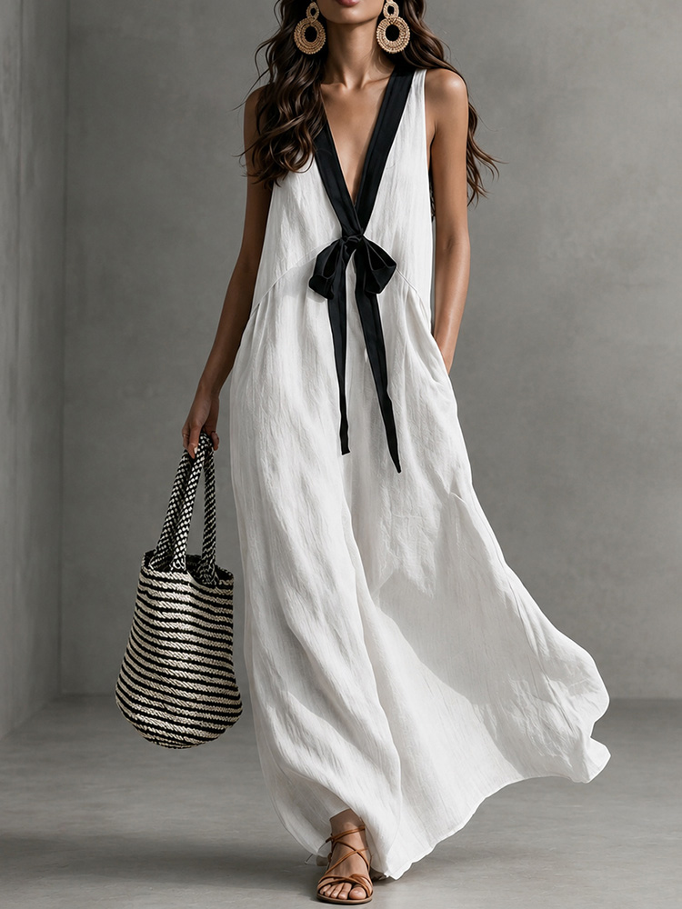 Elegant V-neck Halter Neck Sleeveless  Maxi Dress