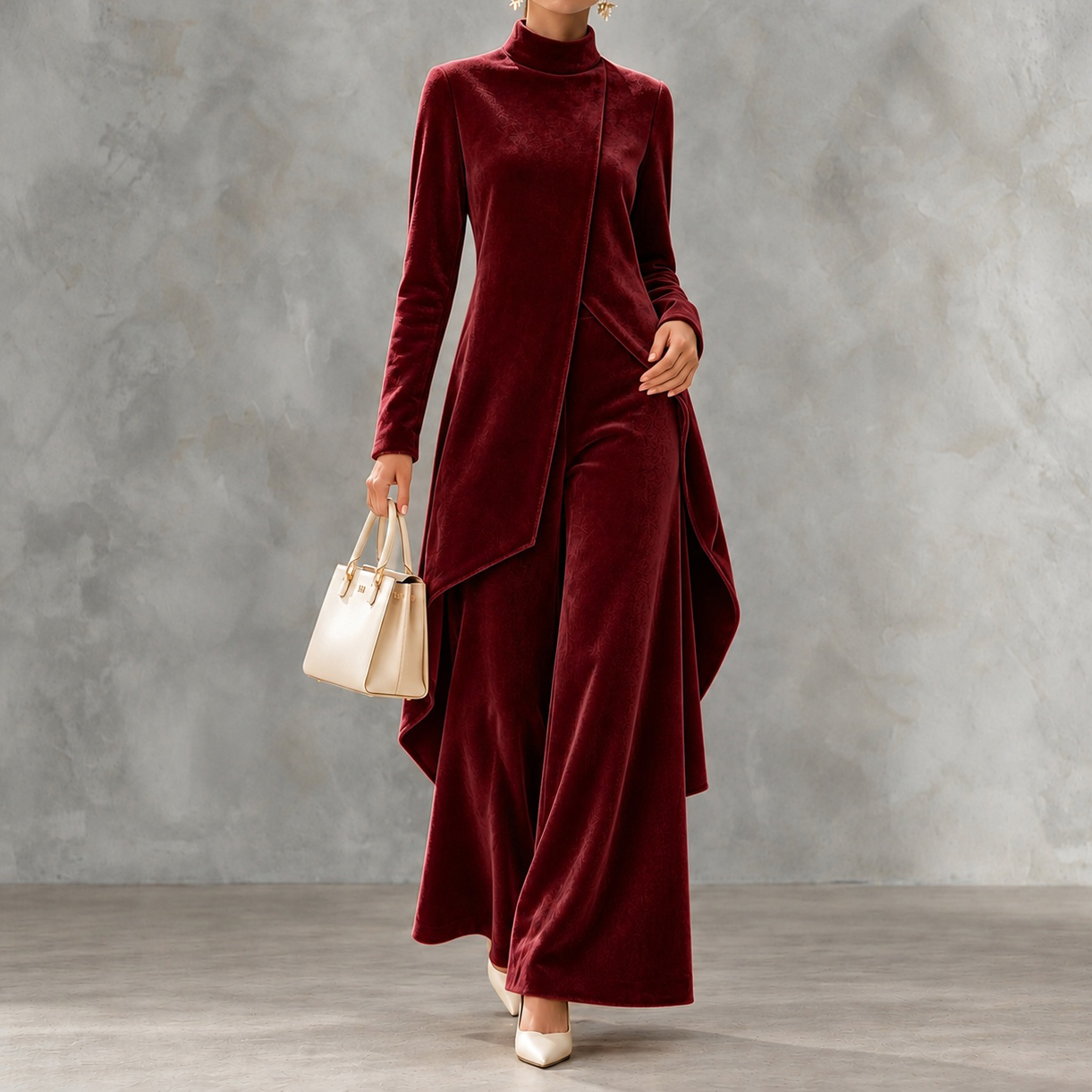 Velvet Asymmetric Long Sleeves And Stand Collar Two-piece Set