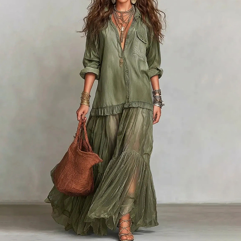 Retro Lapel Denim Splicing Mesh Casual Pocket Dress