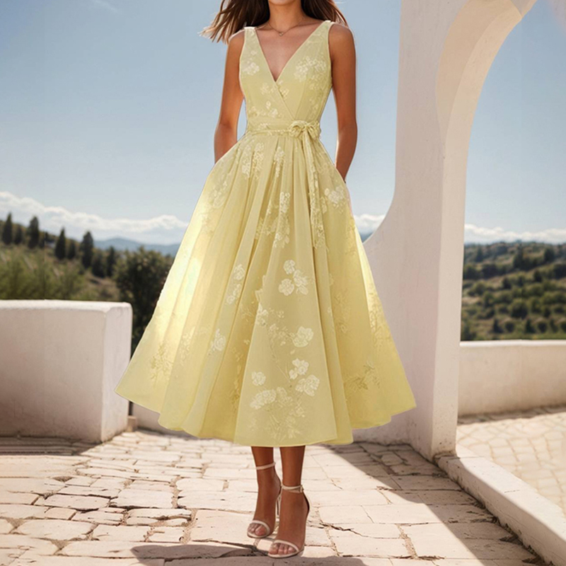 Women's Bow Belt Digital Print Sleeveless V-neck Midi Dress