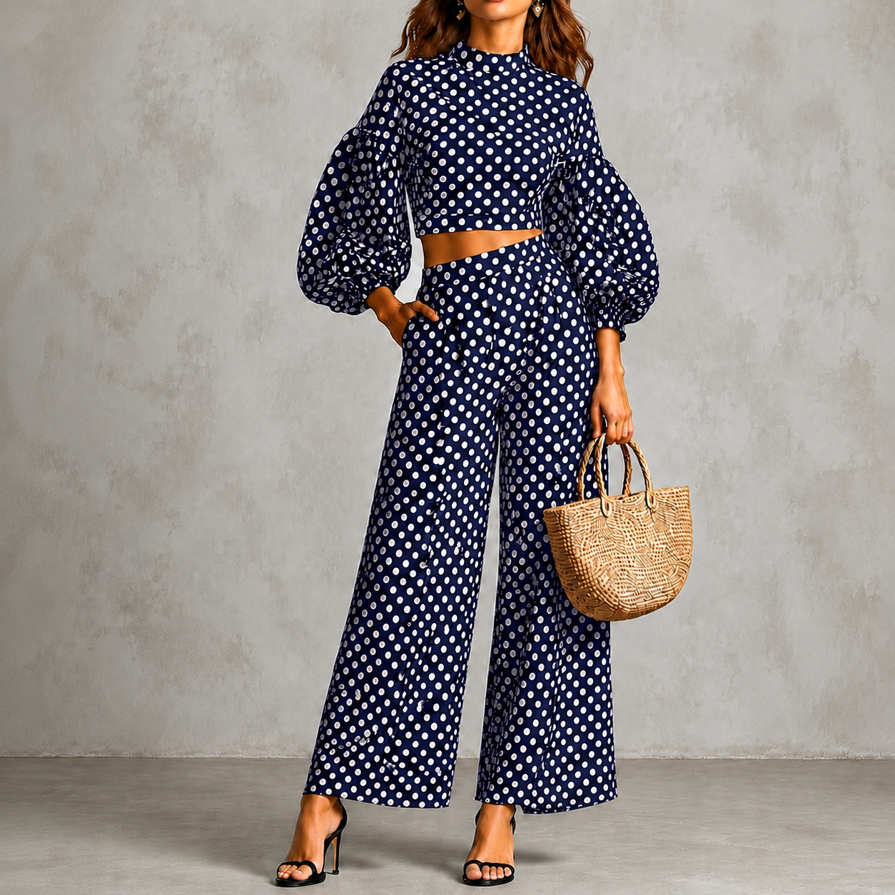 Polka Dot Lantern Sleeve Top And Wide-leg Pants Two-piece Set