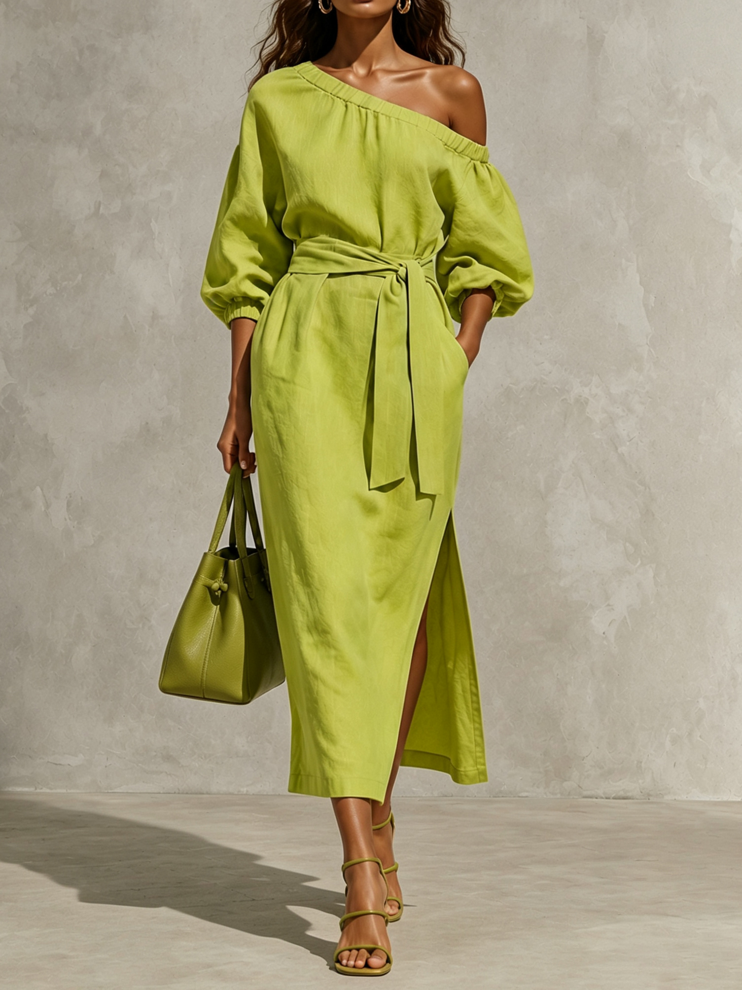 Elegant One-shoulder Long Sleeves With Tie Maxi Dress