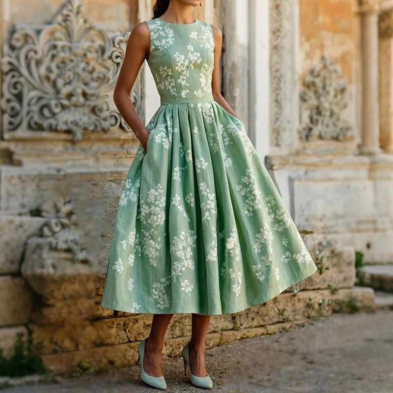 French Elegant Sleeveless Floral A-line Dress