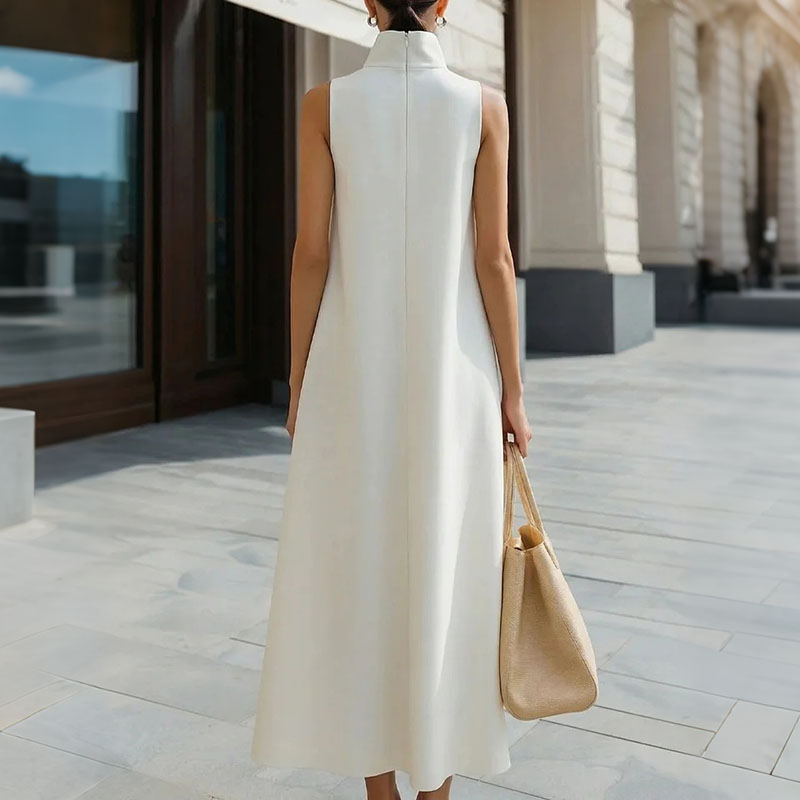 Elegant Stand Up Collar Sleeveless Midi Dress