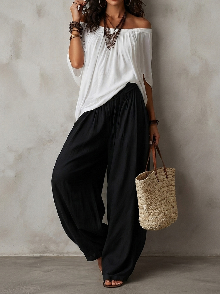 Retro Two-piece Set Wide-leg Pants + Off-the-shoulder Top