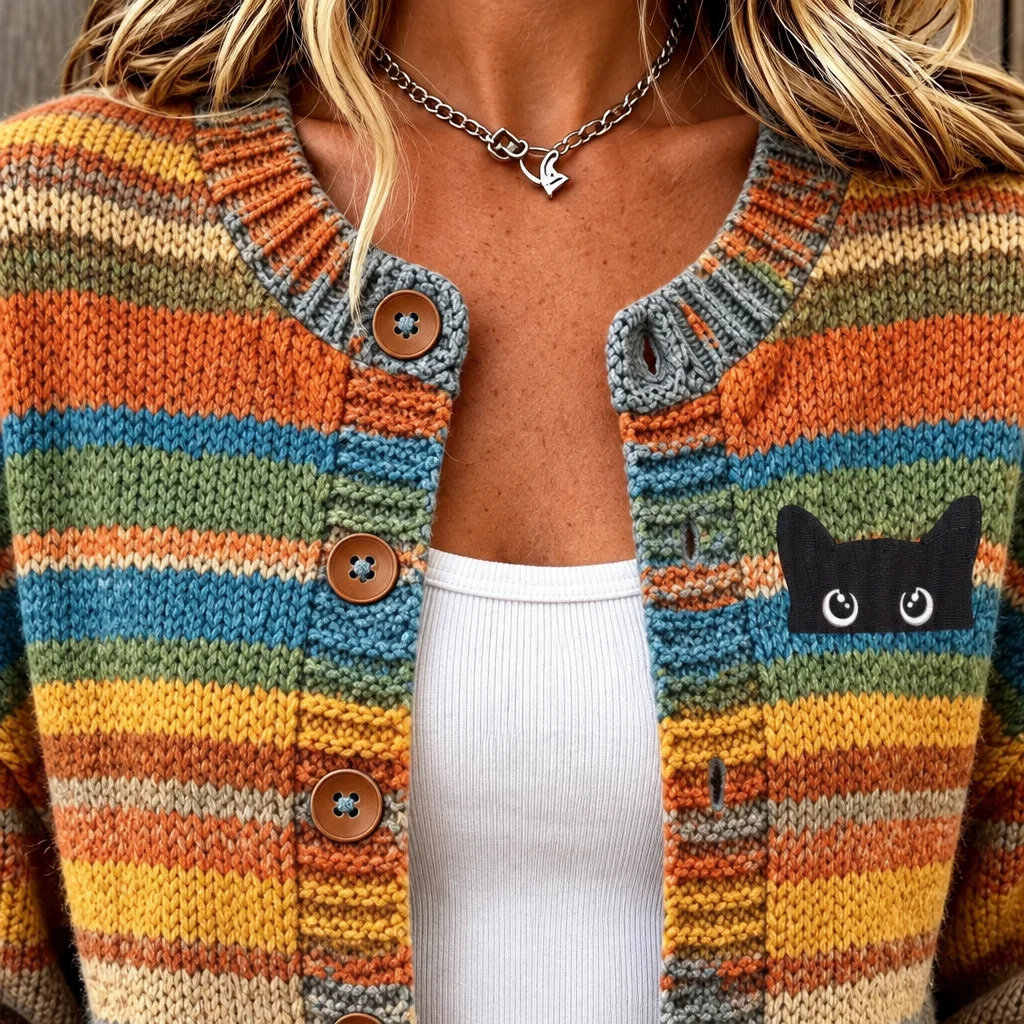Women's Cute Black Cat Patch Colorful Stripe Relaxed Fit Button Front Knit Cardigan Sweater