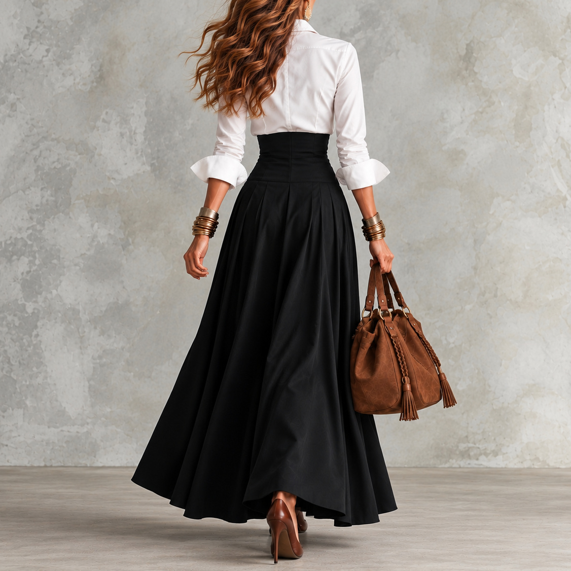 White Shirt And High-waisted Full Skirt Two-piece Set