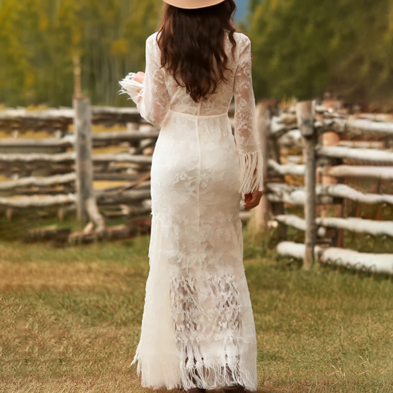 Retro Lace V-neck Long-sleeved Tassel Short Front And Back Maxi Dress