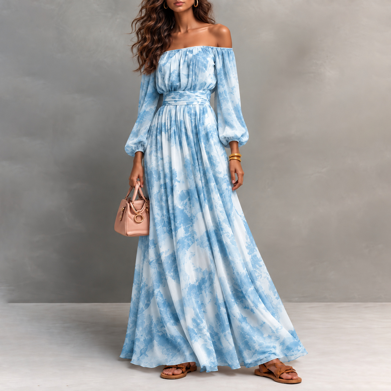 Elegant Off-the-shoulder Long-sleeve Printed Chiffon Top Maxi Dress