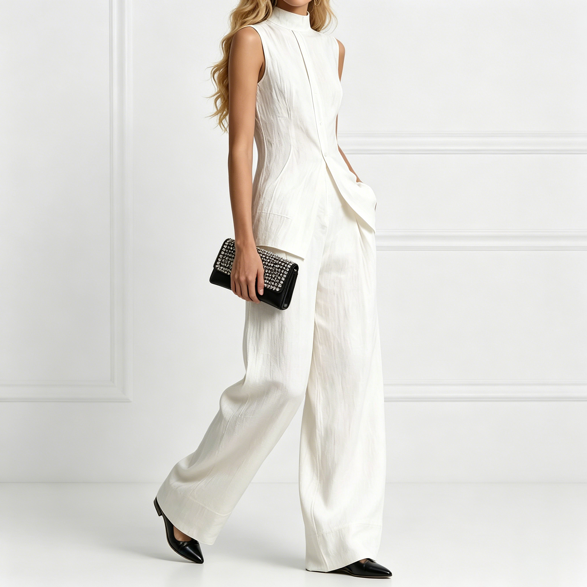 Fashion Elegant Solid Color Sleeveless Cotton Linen Shirt And Trousers Set
