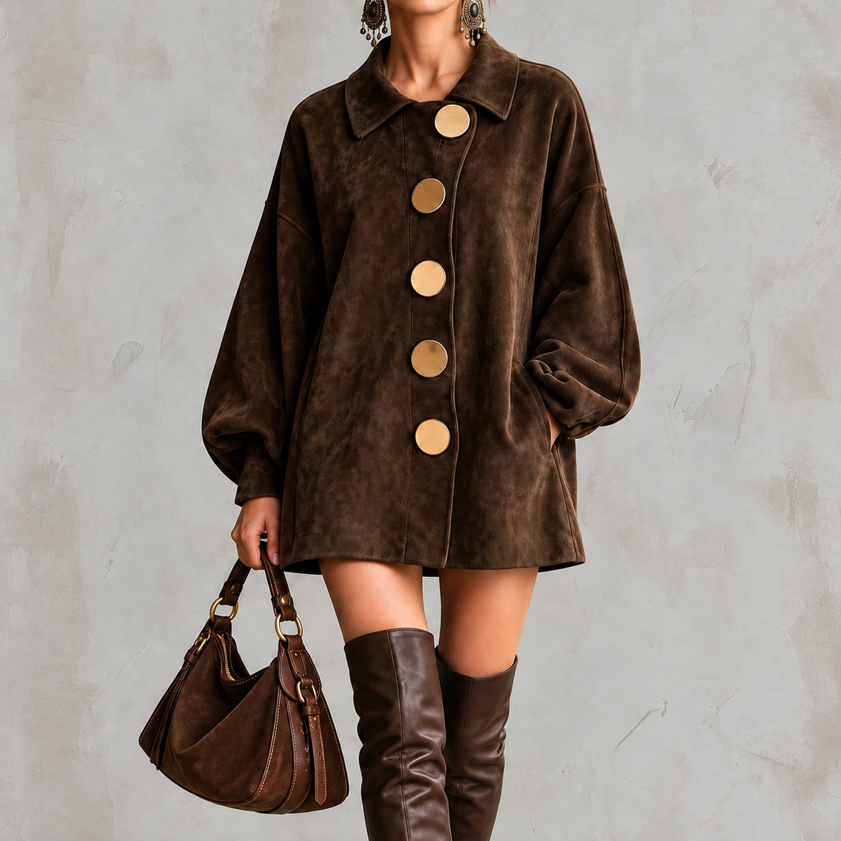 Dropped-shoulder Sleeves Lapel Suede Mini Dress