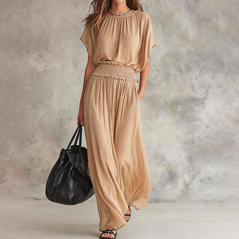 Elegant Solid Color Round Neck Short Sleeve Flowy Maxi Dress