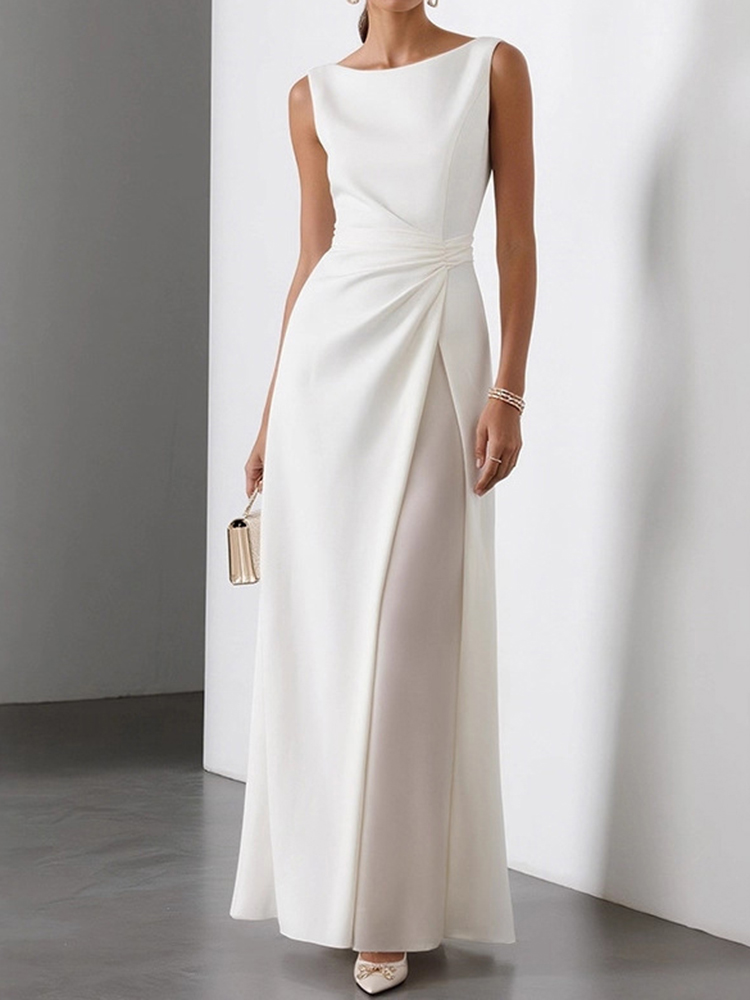 Pleated Solid Color Patchwork Sleeveless Round Neck Maxi Dress