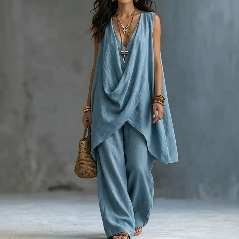 Solid Color Elegant V-neck Sleeveless Tank Top Two Piece Set