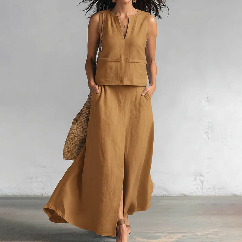 Casual Cotton And Linen V-neck Tank Top And Diagonal Pocket Skirt Two-piece Set