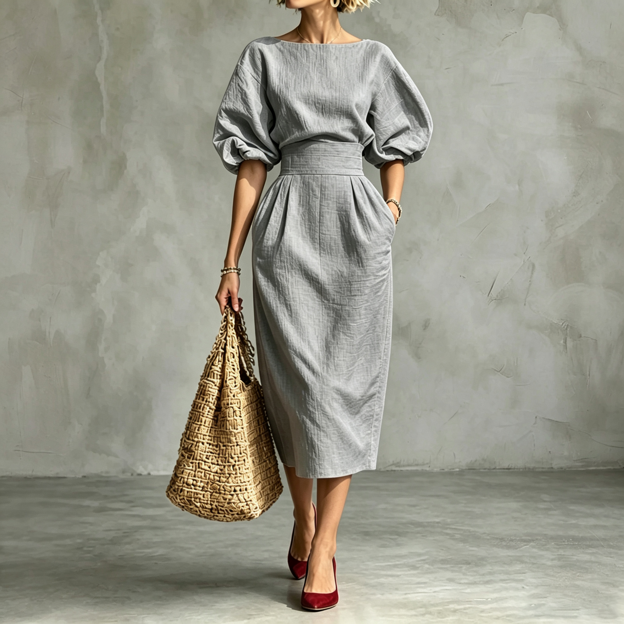 Elegant Pleated Waist Boat Neck A-line Skirt With Puff Sleeves Max Dress