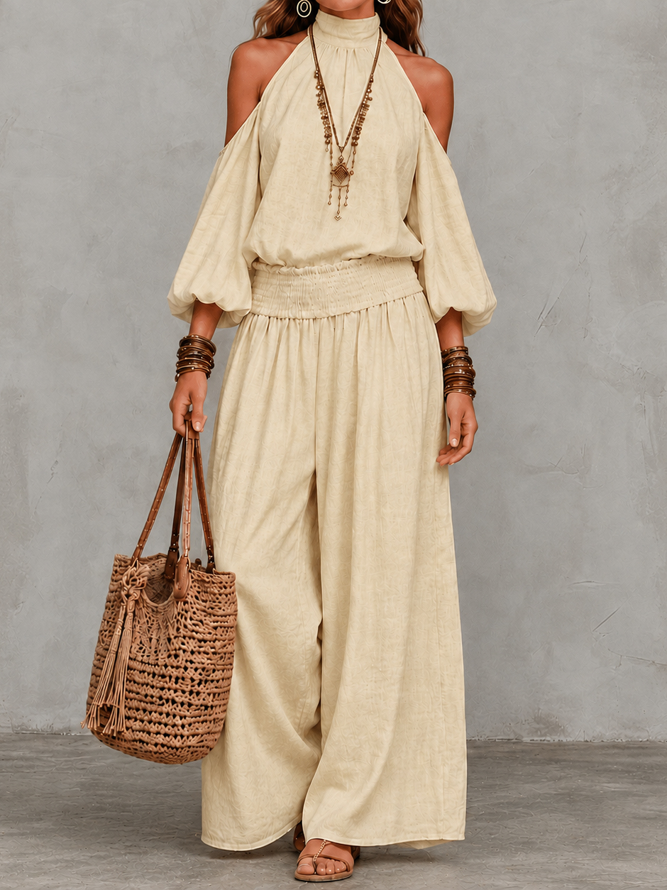 Elegance Long-sleeved Openwork Top And Gathered Trousers Two-piece Set