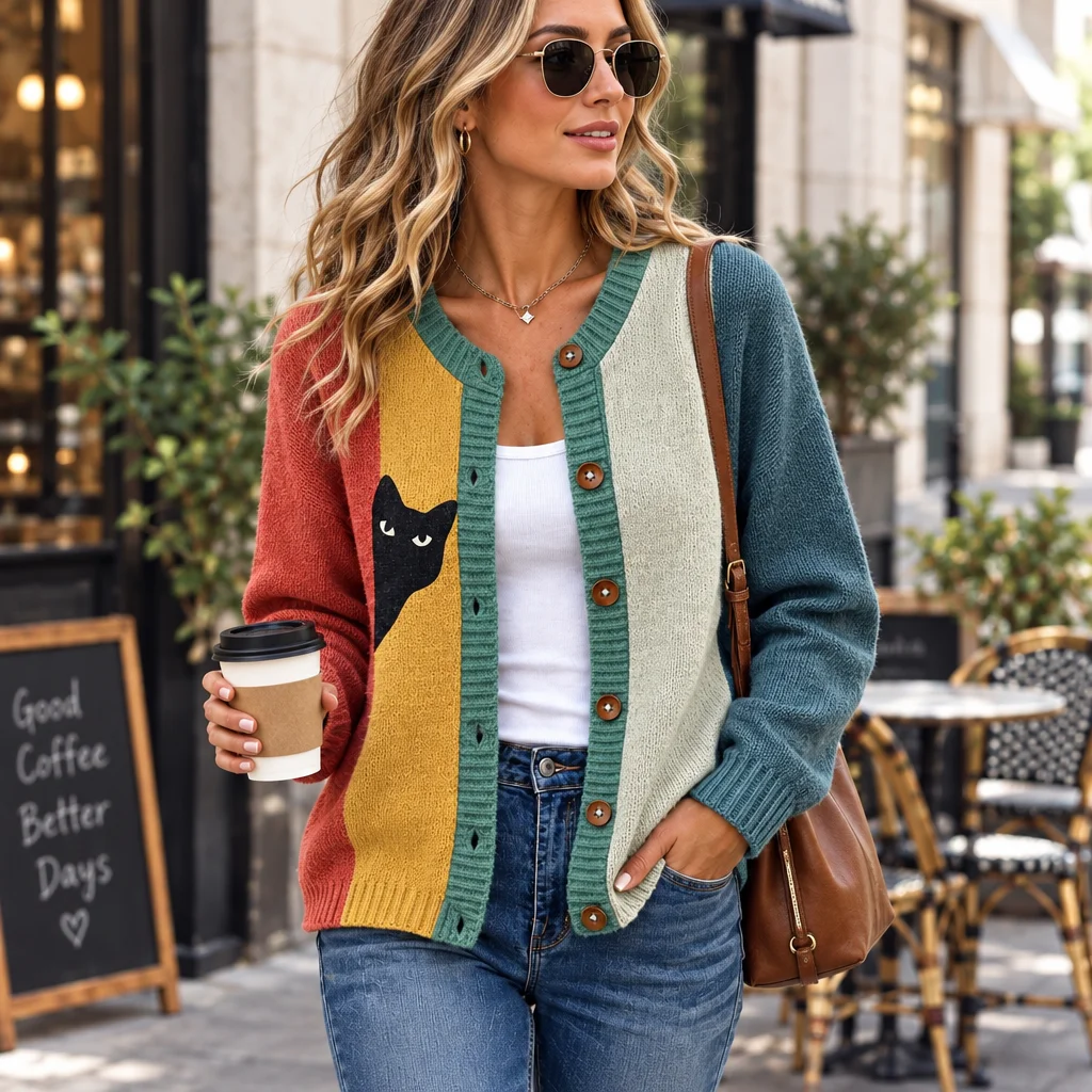 Playful Black Cat Colorblock Button Front Knit Cardigan Sweater