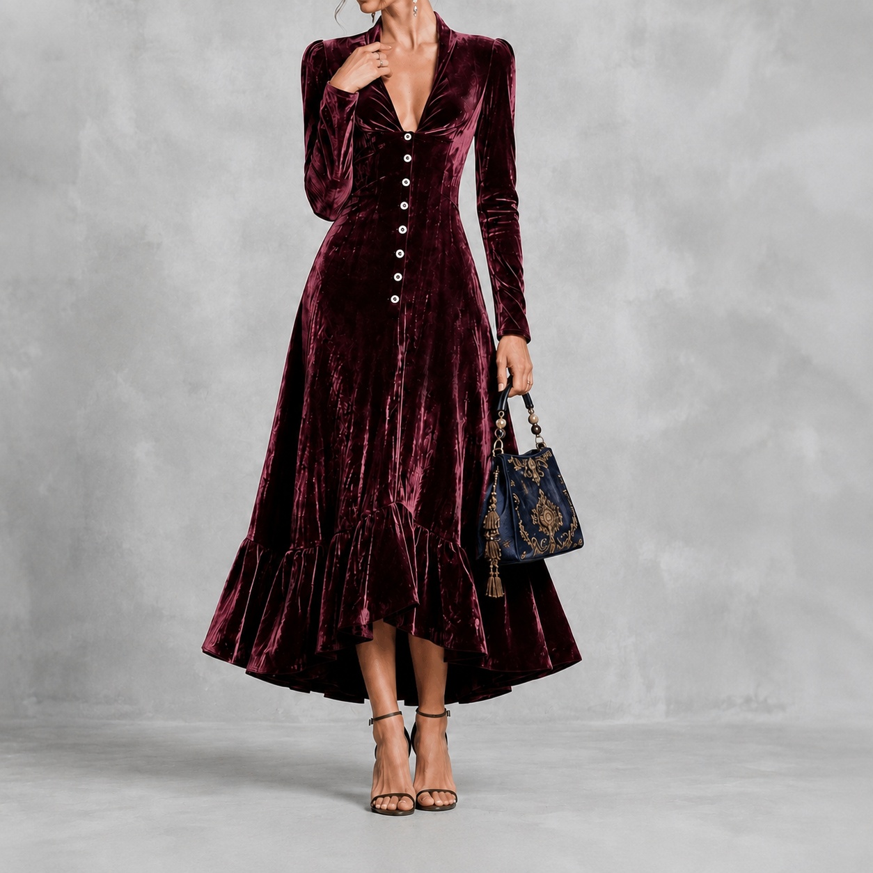 Elegant Solid Color Button-down Collar Long Sleeves Fitted Waist Maxi Dress