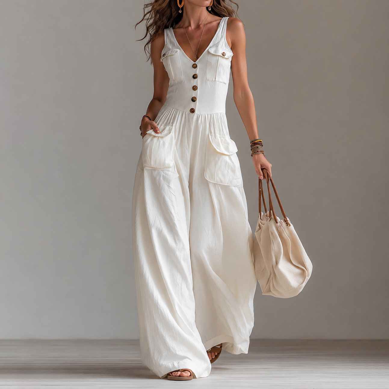 Retro V-neck Button-down Vest Jumpsuit