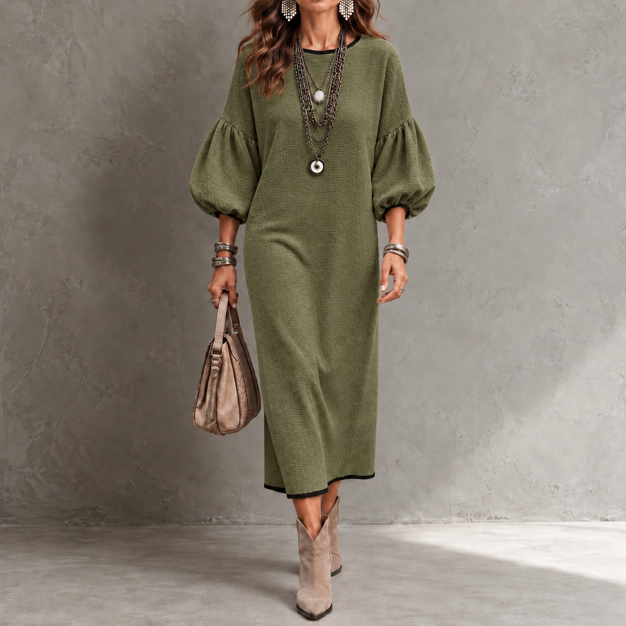 Elegant Solid-color Crew Neck With Puff Sleeves Maxi Dress
