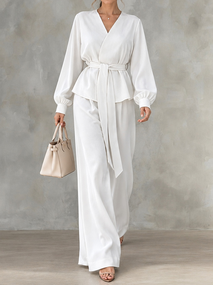 Elegance V-neck Long-sleeve Wide-leg Trouser Set