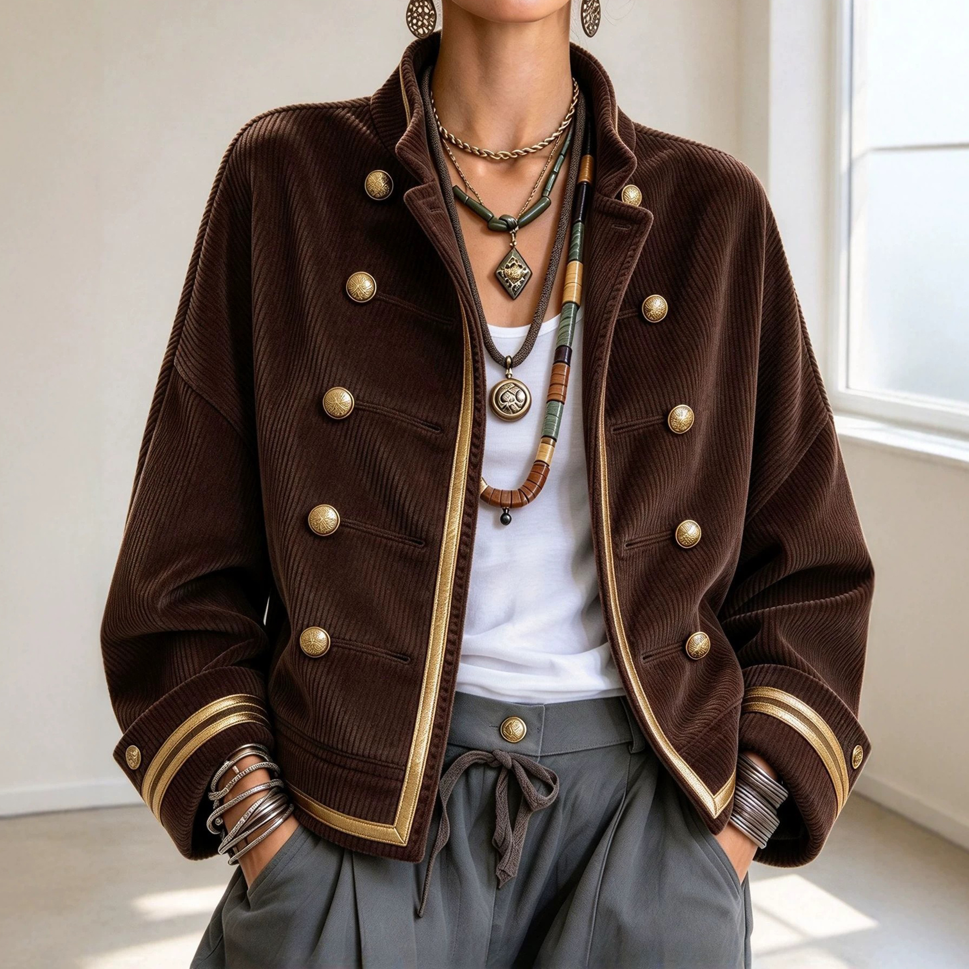 Women's Fall Winter Cozy Napoleonic Stand-up Collar Gold Trim Double-breasted Button Corduroy Jacket