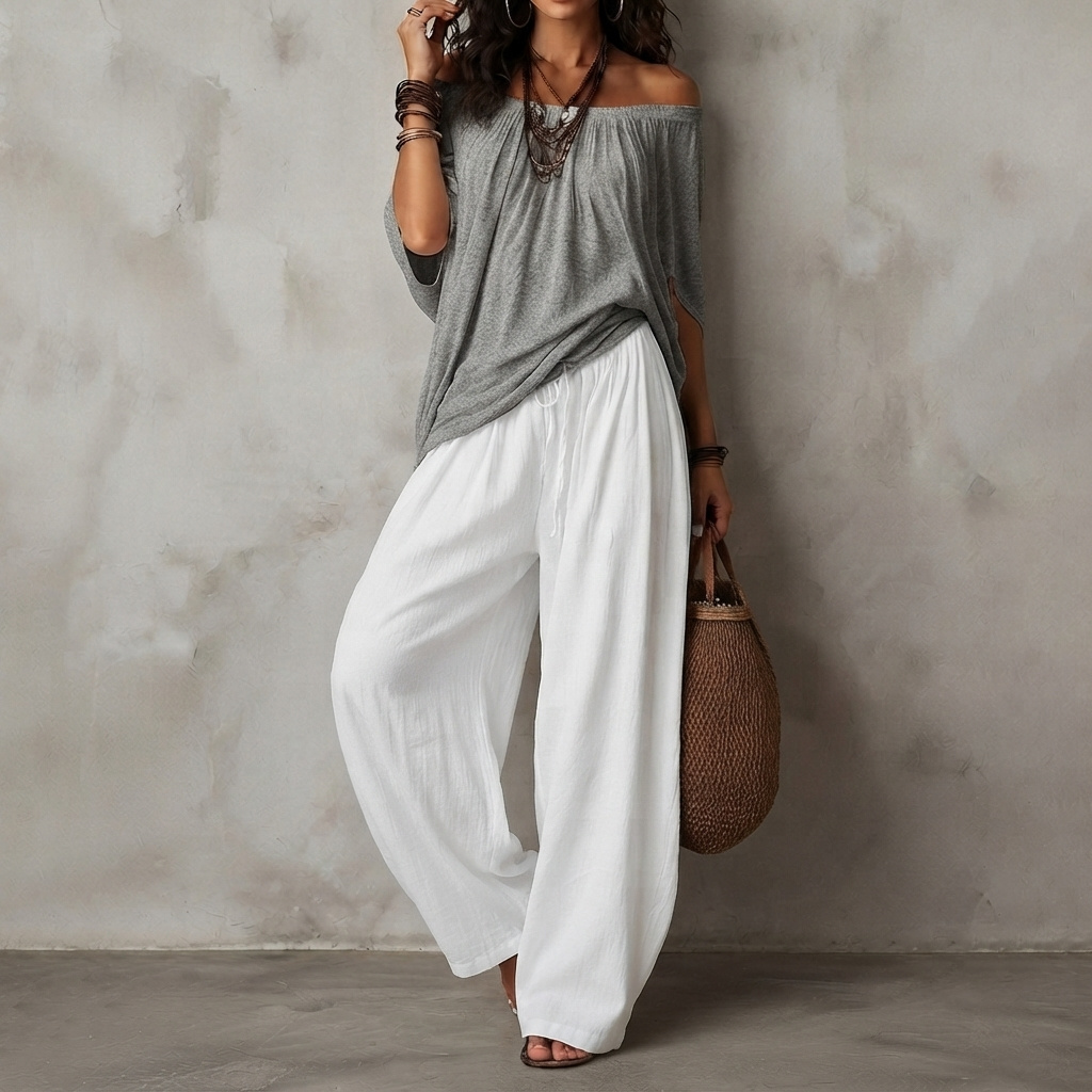 Retro Two-piece Set Wide-leg Pants + Off-the-shoulder Top