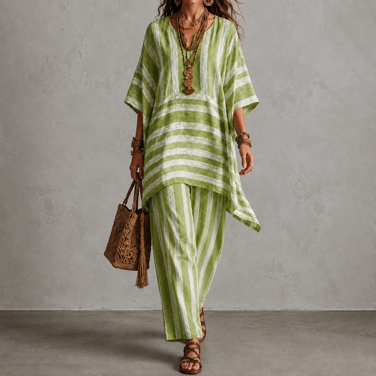 V-neck Loose Striped Top And Loose Wide-leg Pants Two-piece Set