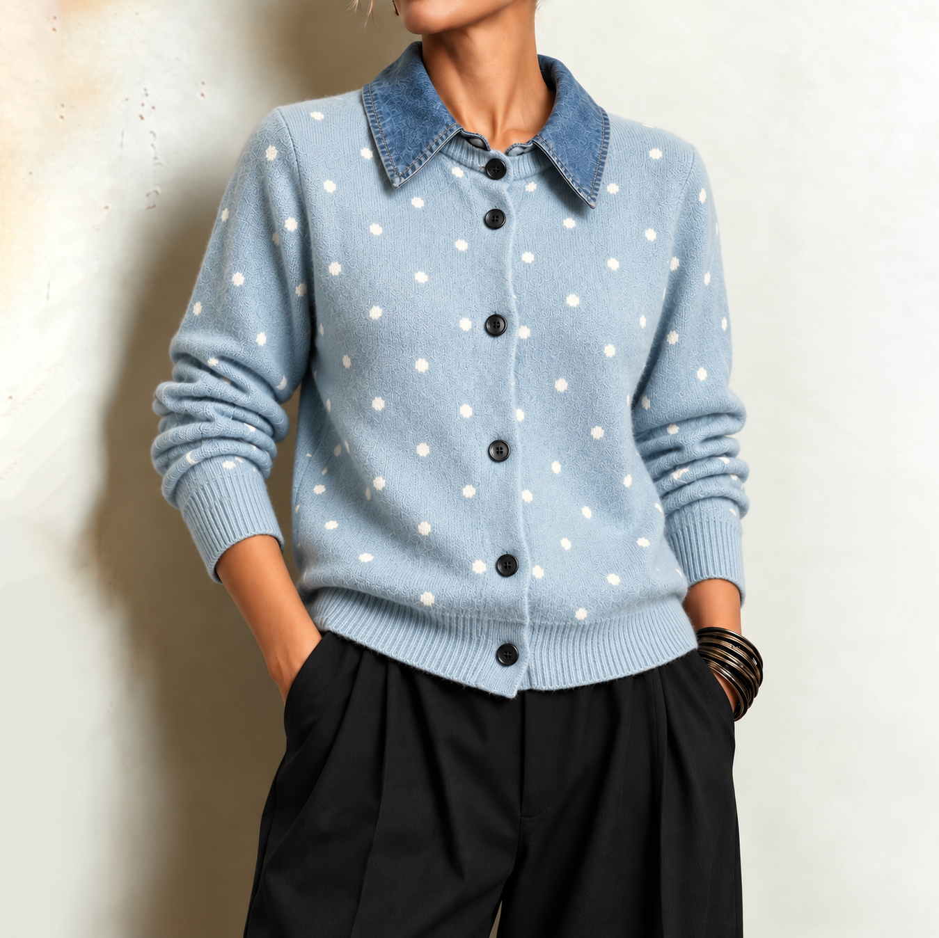 Women's Fall Winter Cozy Polka-dot "faux-layered" Denim Polo Collar Buttons Knit Cardigan