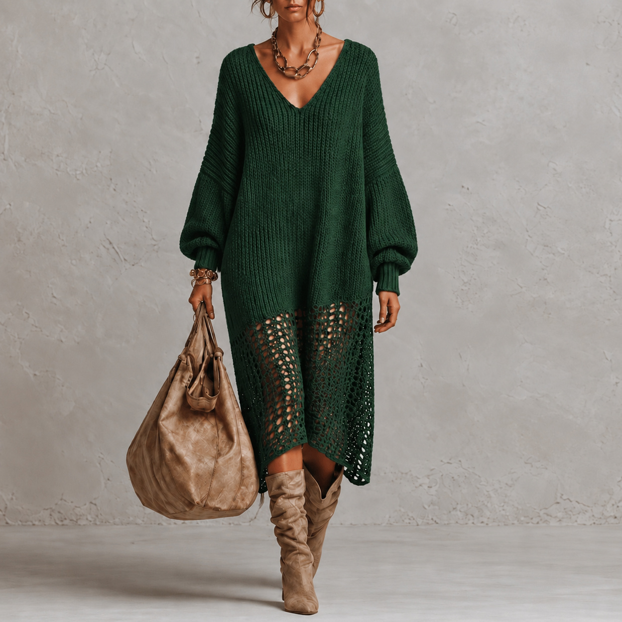 Retro Long-sleeved Knit V-neck Maxi Dress
