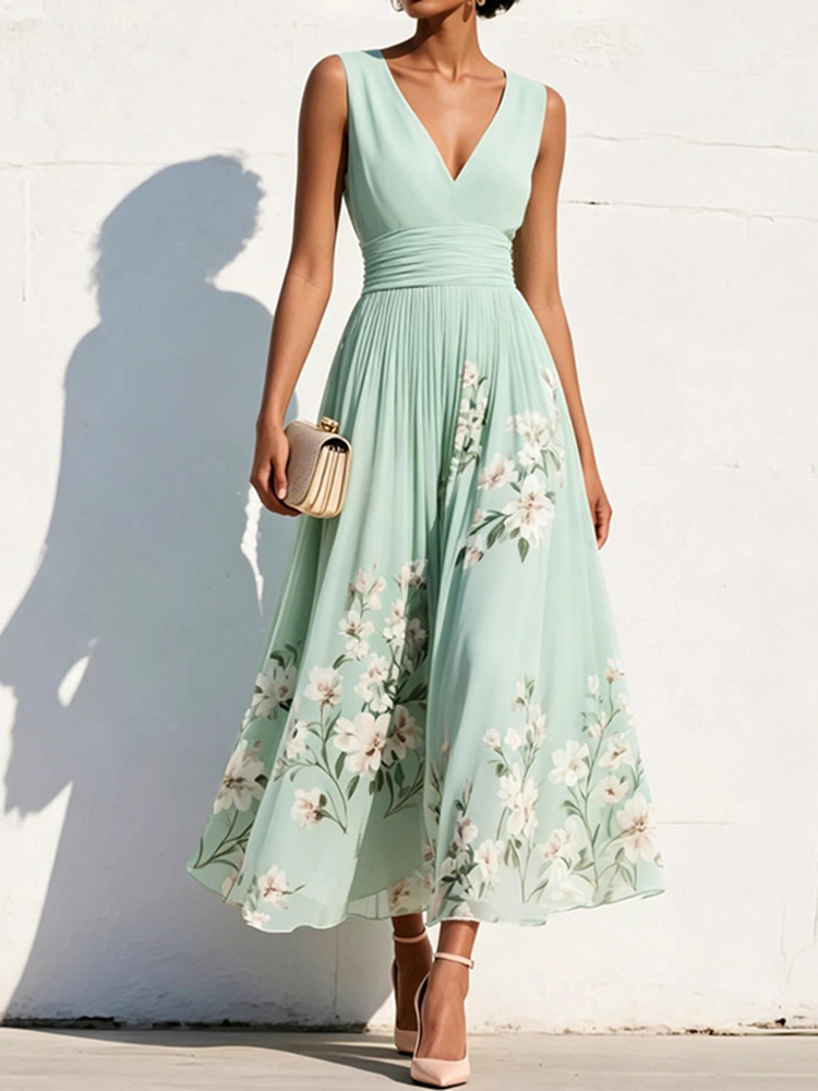 Elegant Floral Print V-neck Sleeveless Pleated Dress