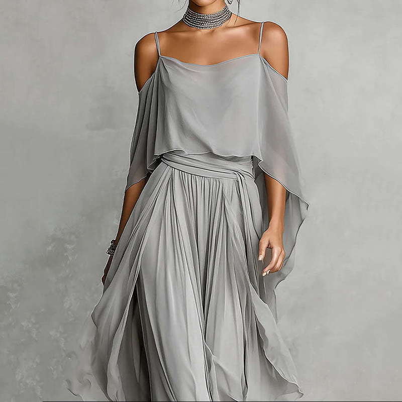 Chiffon Suspender Strapless Flowy Top And Asymmetrical Trousers Two-piece Set