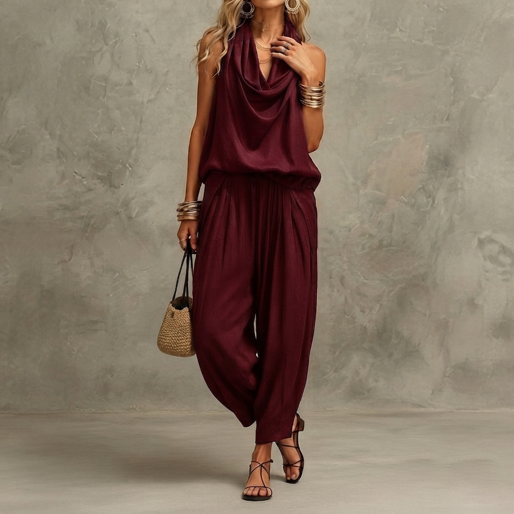 Retro Halter Neck Wide-leg Jumpsuit