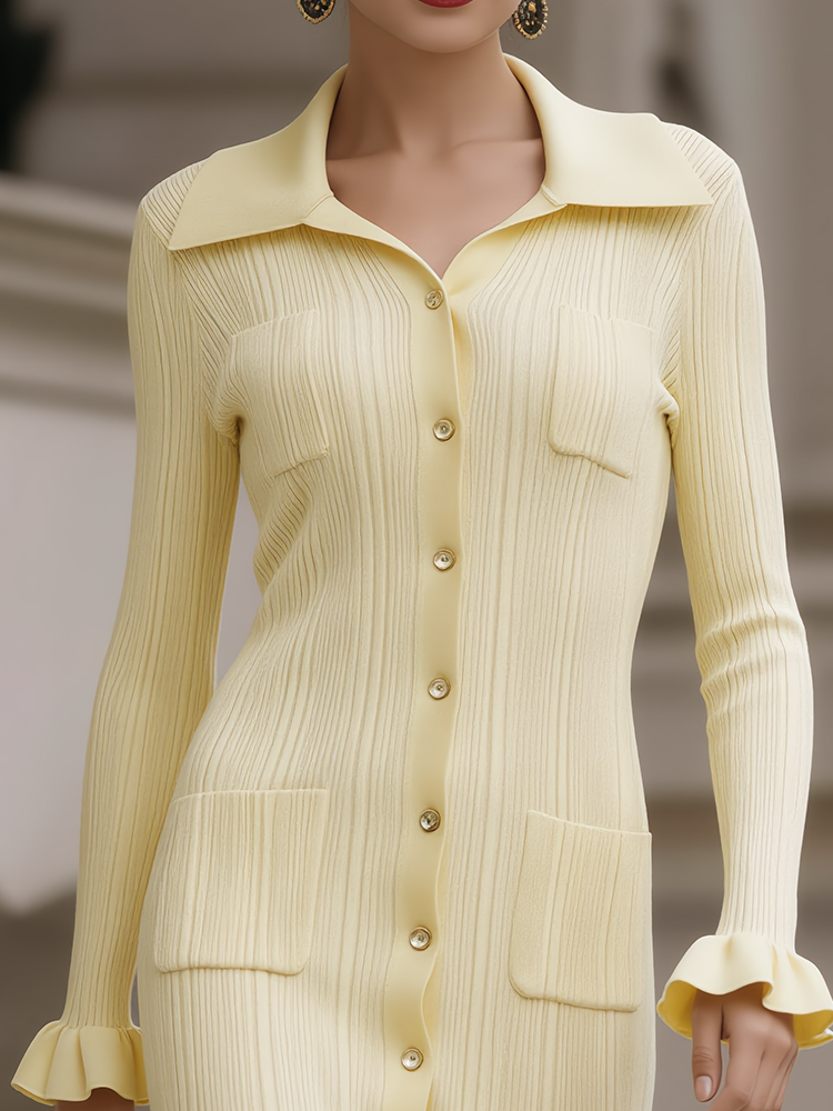 Elegant Lapel Buttoned Cozy Knit Maxi Dress