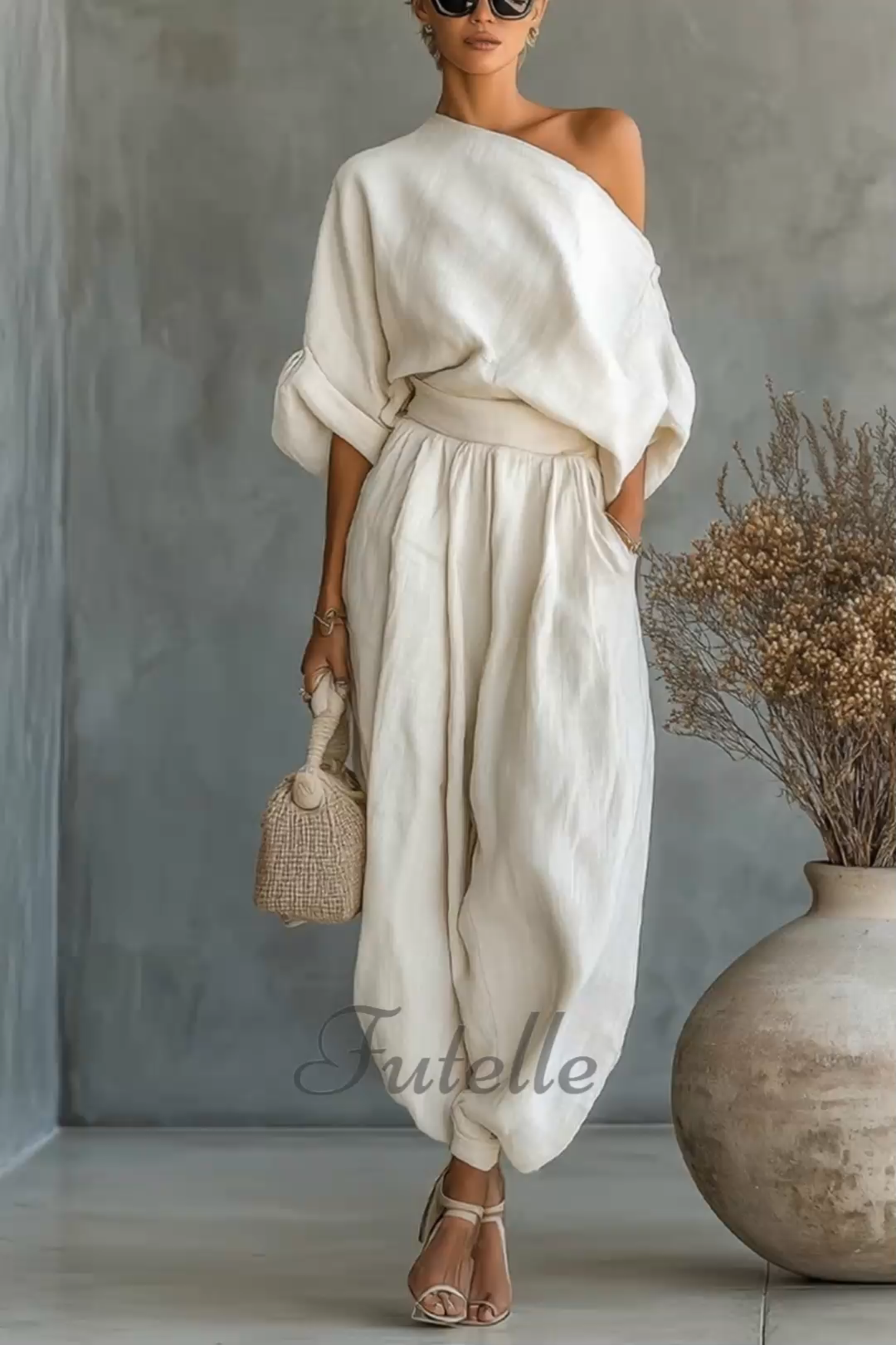 Loose Cotton And Linen Tops And Bloomers Two-piece Set