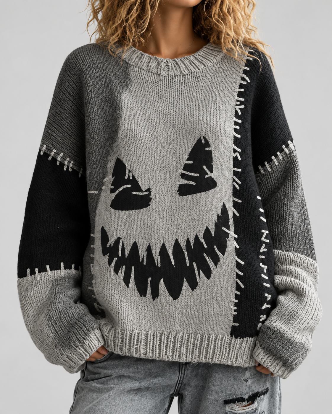 Halloween Spooky Face Contrast Stitched Cozy Knit Sweater