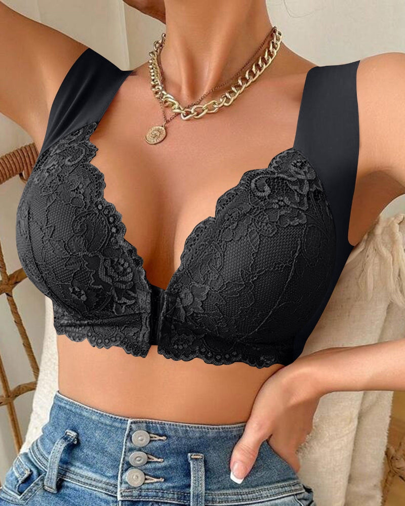 Women's Contrast Lace Hook & Eye Front Pushup Bra