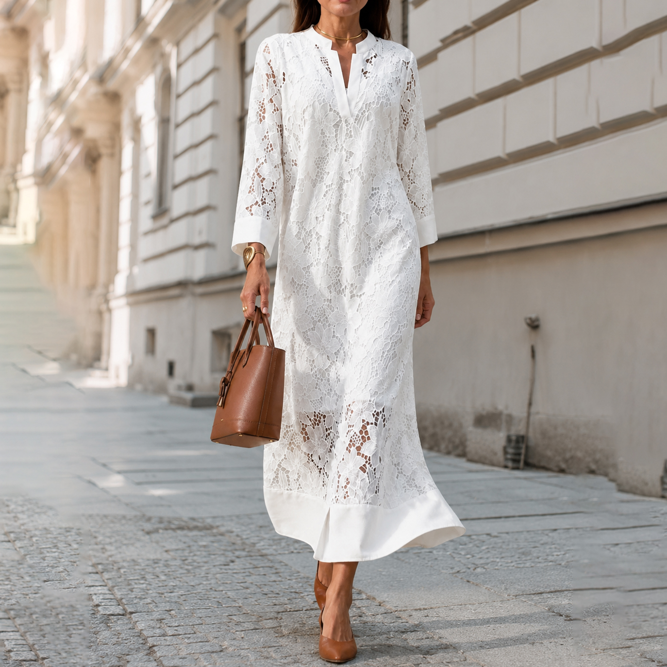 V-Neck 3/4 Sleeve Loose Lace Maxi Dress