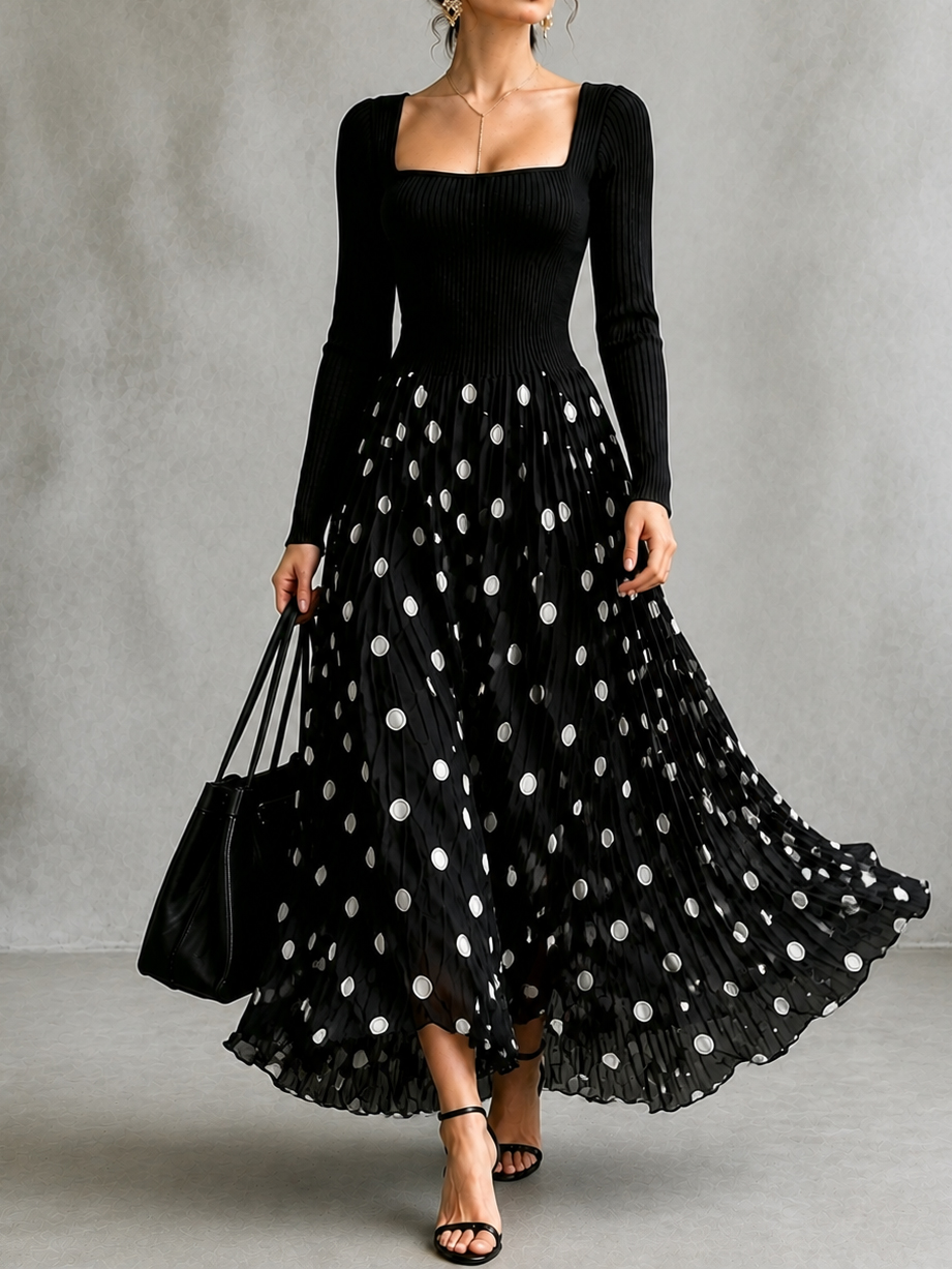Elegant Stretch Fabric Polka Dot Square Neck Long Sleeve Maxi Dress
