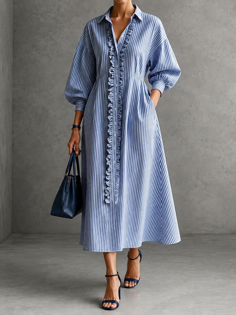 Turn-down Collar Ruffled Trim Striped Lantern Sleeves Maxi Dress