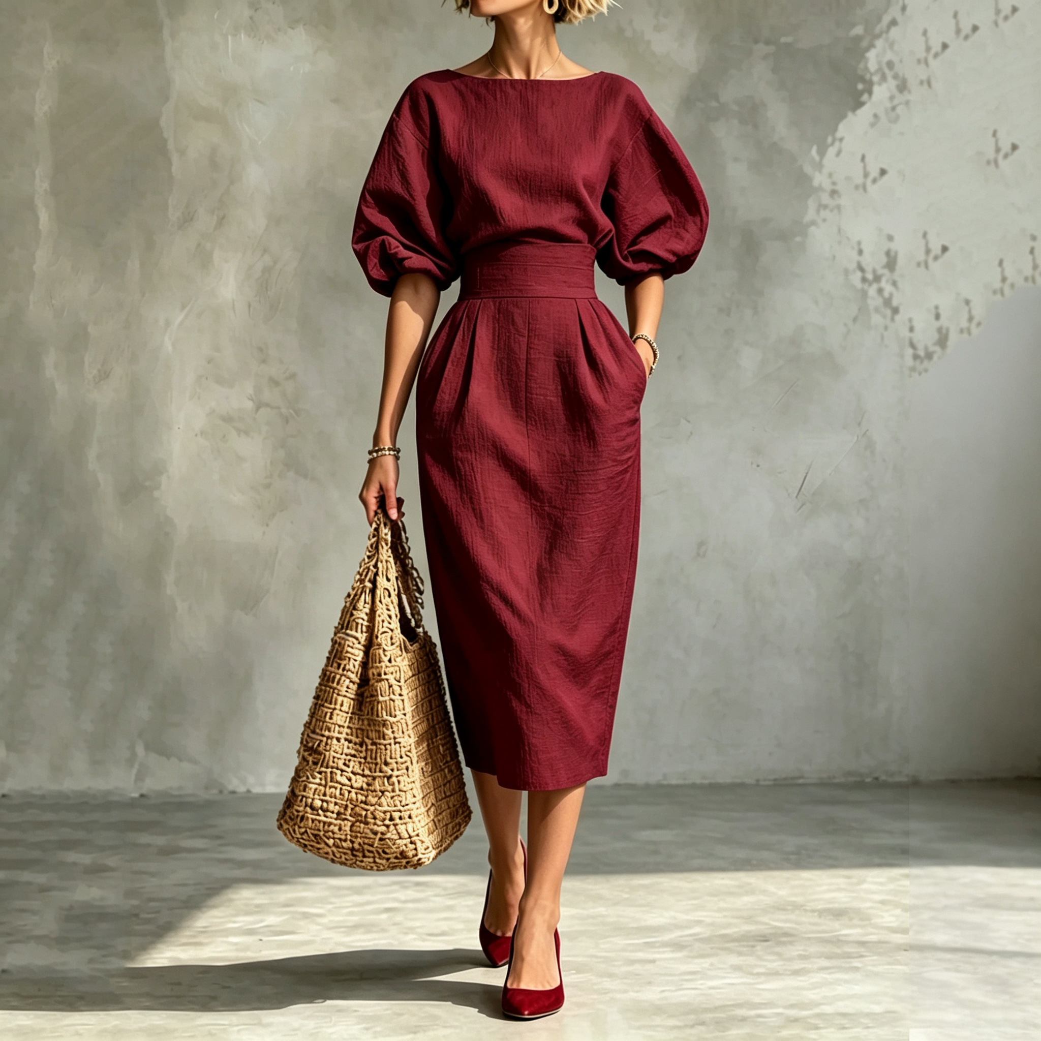 Elegant Pleated Waist Boat Neck A-line Skirt With Puff Sleeves Max Dress