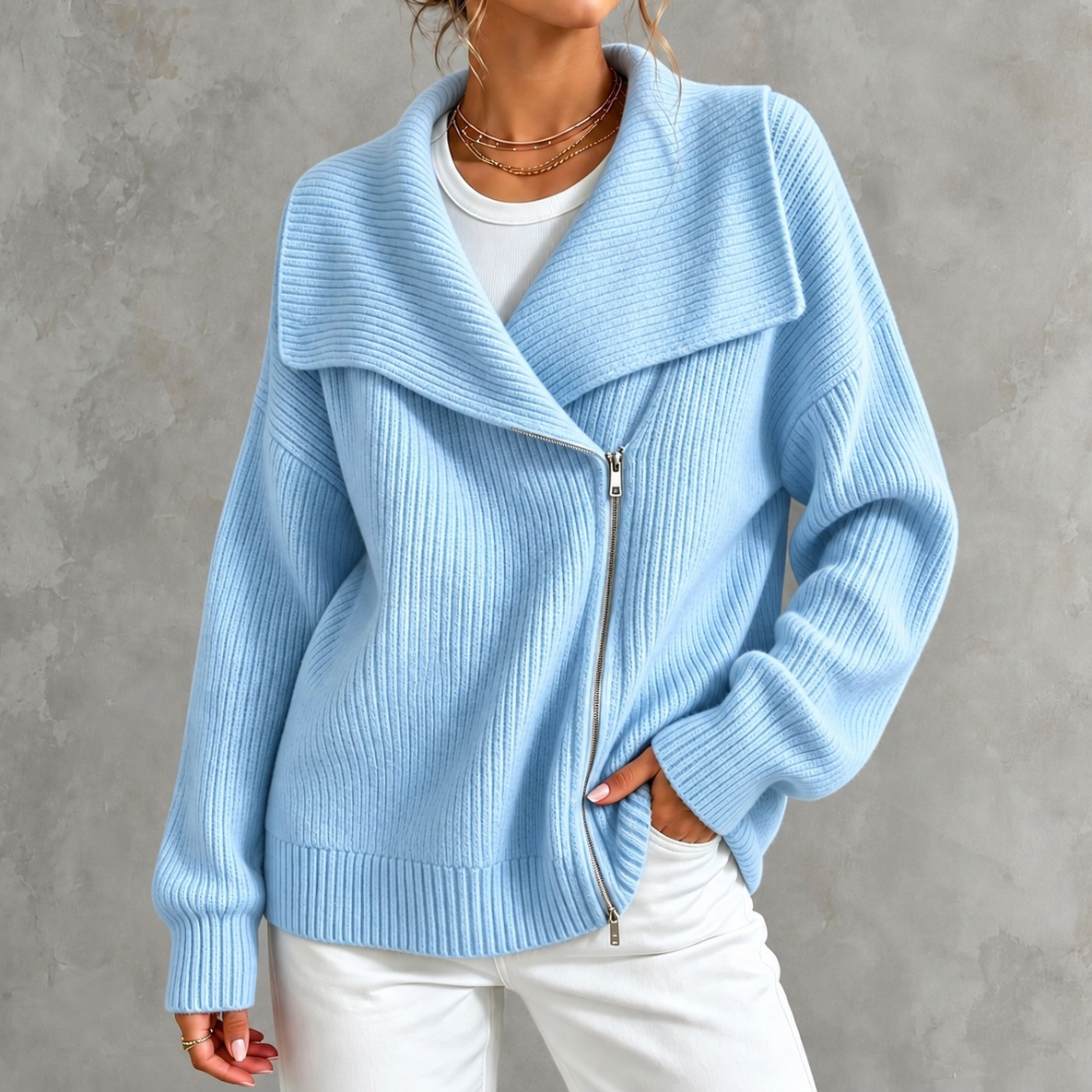 Elegant Solid-color Loose-fit Zip-up Knit Cardigan